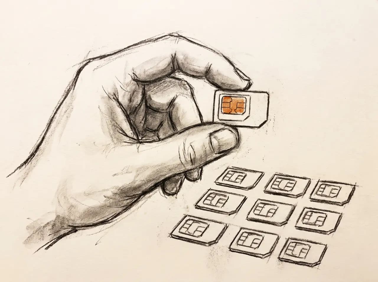Charcoal drawing of a hand holding a SIM card above a grid of SIM cards — illustration