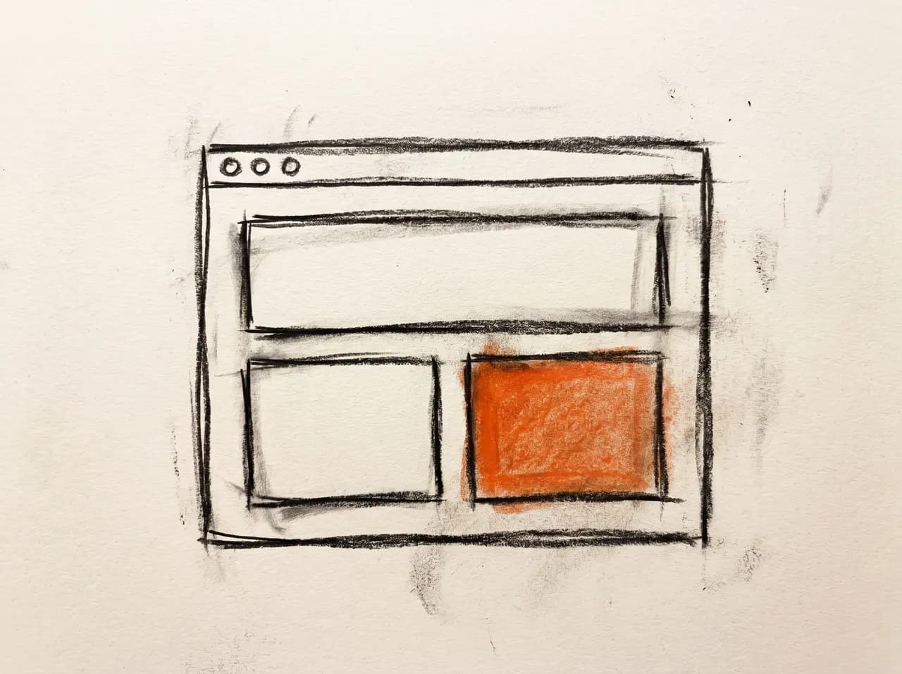 Charcoal sketch of a browser window wireframe — illustration, not a real website